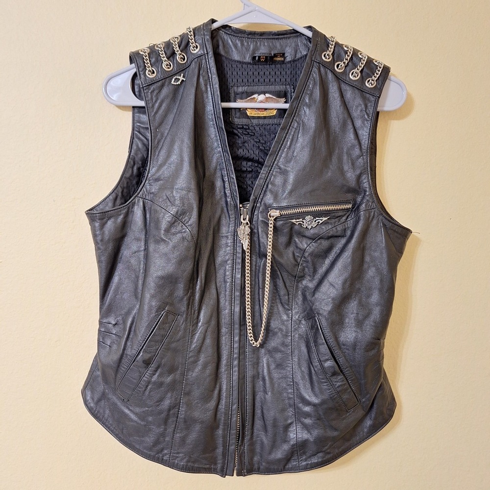 Harley‎ Davidson Women's Leather Vest Medium Black Biker Y2K Chain Detail